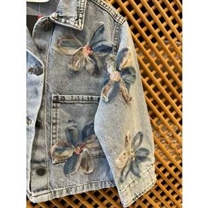 0672 ÇOCUK TÜL ÇİÇEKLİ KOT CEKET ŞORT ETEK TAKIM