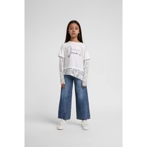 36195 ÇOCUK PAMUKLU KUMAŞ KOL VE ETEK UCU DANTELLİ TİŞÖRT