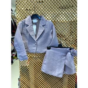 70853 ÇOCUK LİLA RENK PARLAK KUMAŞ ŞORT ETEK CROP CEKET TAKIM