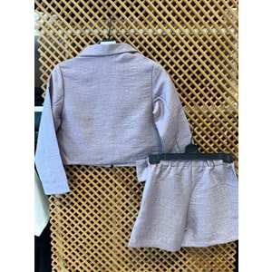 70853 ÇOCUK LİLA RENK PARLAK KUMAŞ ŞORT ETEK CROP CEKET TAKIM