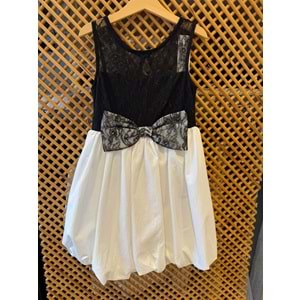 70822 ÇOCUK BEDENİ DANTEL VE FİYONK DETAY BALOK ETEK KOLSUZ ELBİSE