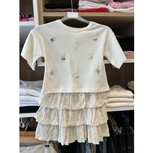 70746 ÇOCUK FİSTOLU FIRFIRLI ETEK VE DENİZ KABUĞU AKSESUARLI TİŞÖRT TAKIM