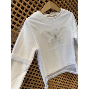 75847 ÇOCUK ÖNÜ TAŞLI KELEBEK ÜSTÜ KISA KOL TÜL DETAYLI ÇİFT KAT BLUZ