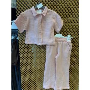 0700 KIZ ÇOCUK MÜSLİN GÖMLEK PANTOLON TAKIM PEMBE