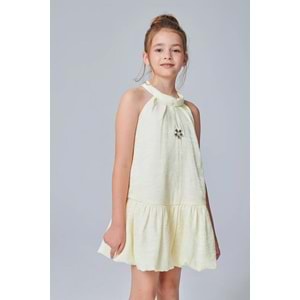 DSL0504 ÇOCUK PARLAK KUMAŞ YAKA TAŞ DETAY BALON ETEKLİ ELBİSE