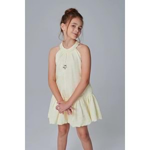 DSL0504 ÇOCUK PARLAK KUMAŞ YAKA TAŞ DETAY BALON ETEKLİ ELBİSE