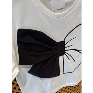 0753 ÇOCUK PAMUKLU ÖNÜ KURDELA DETAY CROP TİŞÖRT