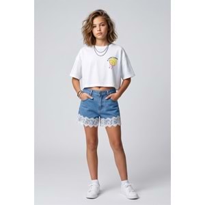 0780 ÇOCUK PAÇA UCU DANTELLİ BELDEN AYARLI KOT ŞORT