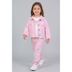 M9989 GABARDİN DENİM NAKIŞLI ÜÇLÜ ÇOCUK TAKIM