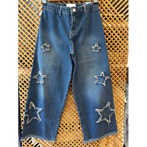 25141 ÇOCUK YILDIZ APLİKELİ BOL PAÇA KOT PANTOLON - PD KIDS