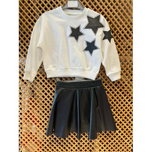 477 ÇOCUK YILDIZ APLİKE SWEAT İÇİ TAYTLI DERİ ETEK TAKIM