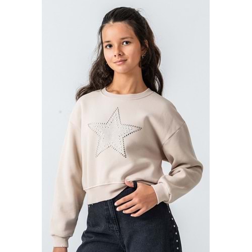 9816 ÇOCUK ŞARDONLU ESKİTME DETAYLI ÖNÜ ZIMBALI TAŞLI SWEAT - ÇOCUK - BEJ - 9/10