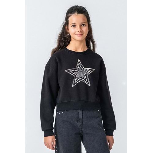 9816 ÇOCUK ŞARDONLU ESKİTME DETAYLI ÖNÜ ZIMBALI TAŞLI SWEAT - ÇOCUK - SİYAH - 9/10