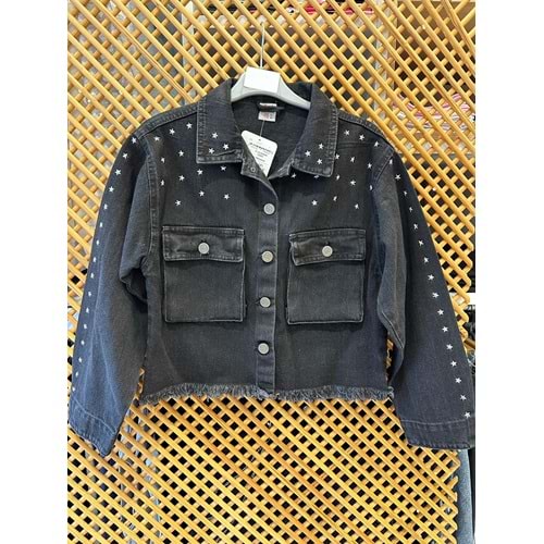 9941 ÇOCUK YILDIZ TROK BASKILI ETEĞİ PÜSKÜLLÜ KOT CEKET