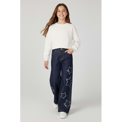 9780 ÇOCUK YILDIZLI YÜKSEK BEL BOL PAÇA KOT PANTOLON