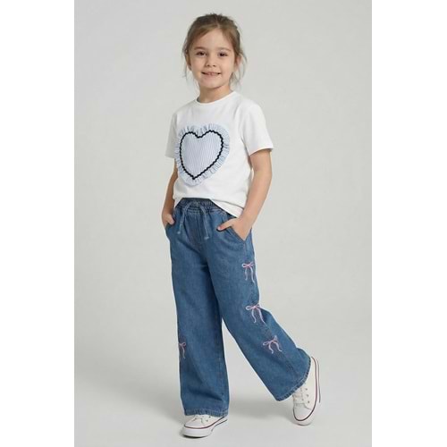 0507 ÇOCUK BELİ LASTİKLİ YUMUŞAK KUMAŞ KURDELA DETAY BOL PAÇA KOT PANTOLON