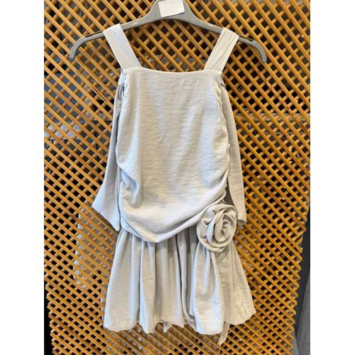 70854 ÇOCUK SİMLİ KUMAŞ BÜZGÜ VE GÜL DETAYLI BALON ETEKLİ ELBİSE