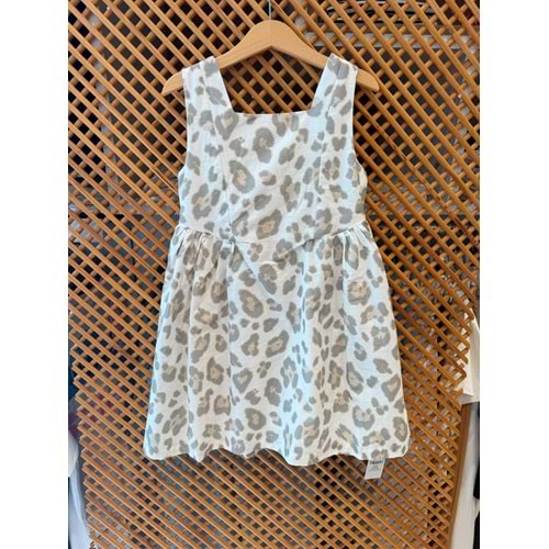 75401 ÇOCUK LEOPAR DESENLİ BEL YANLARI BÜZGÜ DETAY ELBİSE