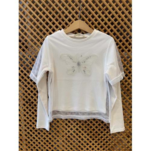 75847 ÇOCUK ÖNÜ TAŞLI KELEBEK ÜSTÜ KISA KOL TÜL DETAYLI ÇİFT KAT BLUZ