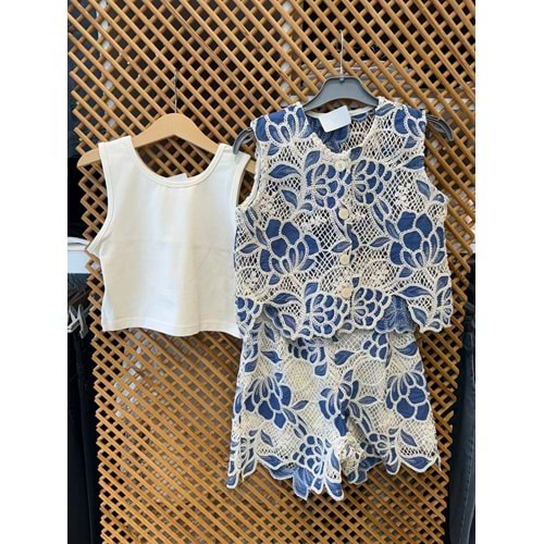 11306 ÇOCUK ASKILI BADİ YELEK ŞORT DANTELLİ 3 LÜ TAKIM