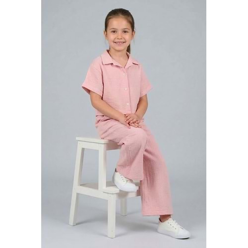 0700 KIZ ÇOCUK MÜSLİN GÖMLEK PANTOLON TAKIM PEMBE