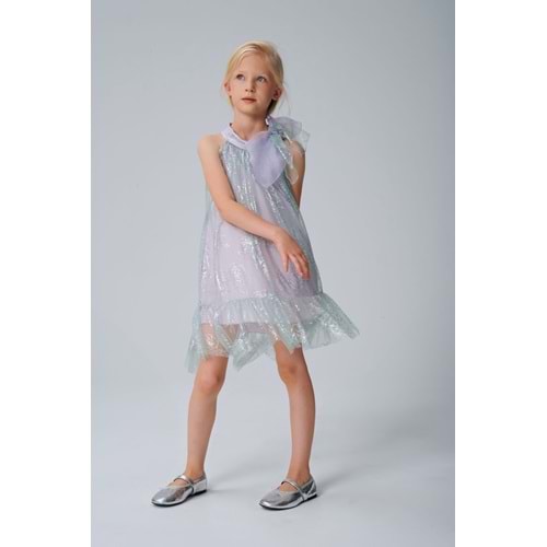 DSL0571 ÇOCUK DESENLİ TÜL BOYNU FİYONKLU ELBİSE