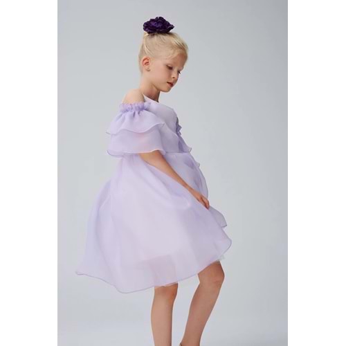 DSL0572 ÇOCUK KOL DETAYLI ORGANZE KABARIK ELBİSE