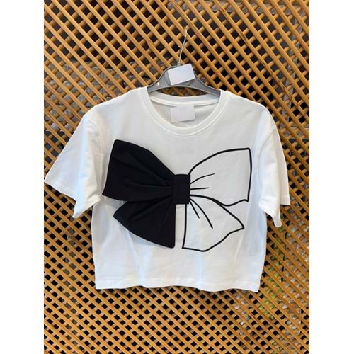 0753 ÇOCUK PAMUKLU ÖNÜ KURDELA DETAY CROP TİŞÖRT