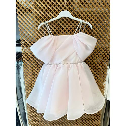 5612 ORGANZE DÜŞÜK OMUZ PUDRA RENGİ ÇOCUK ABİYE ELBİSE