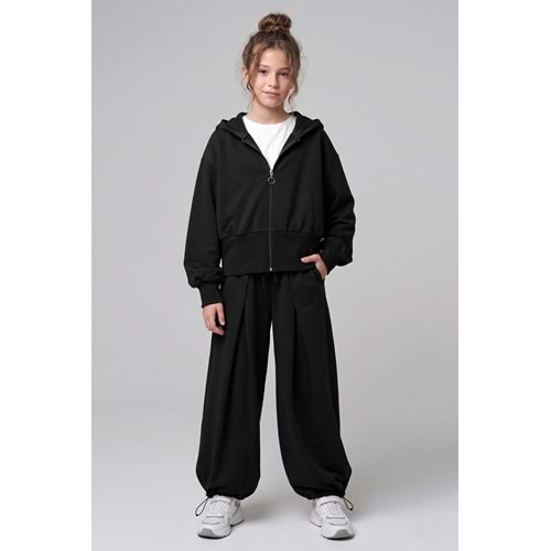 9986-9977 KAPÜŞONLU CROP HIRKA VE PİLELİ PAÇA LASTİKLİ SALAŞ ALT TAKIM