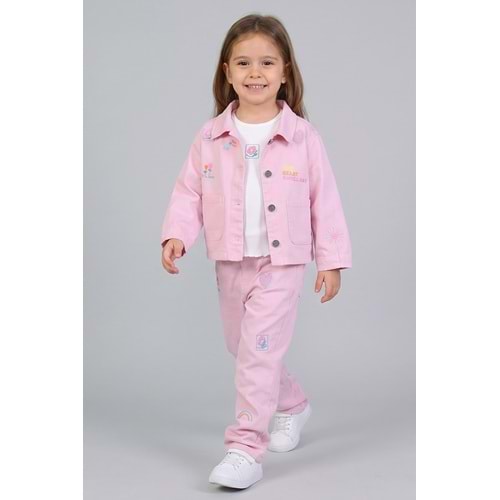 M9989 GABARDİN DENİM NAKIŞLI ÜÇLÜ ÇOCUK TAKIM