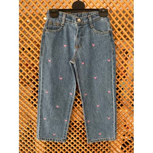 0791 ÇOCUK YUMUŞAK KUMAŞ KALP DETAY NAKIŞLI KOT PANTOLON