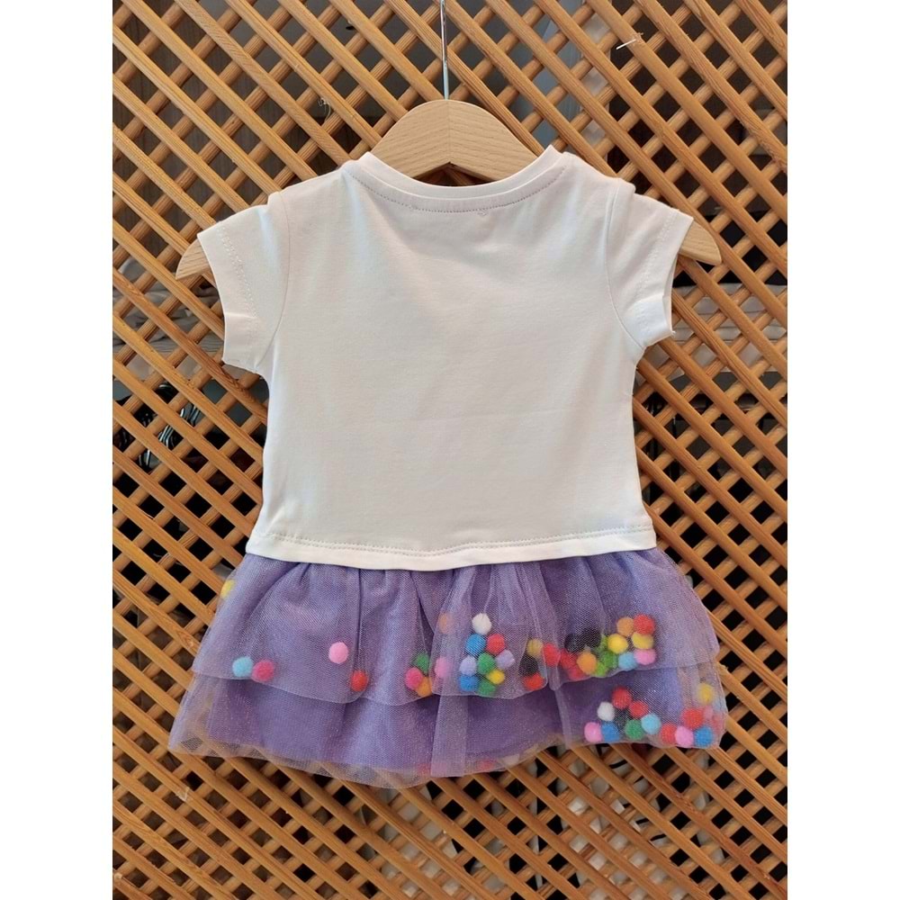 6144 ÇOCUK TÜLLÜ ETEKLERİ PONPONLU ELBİSE