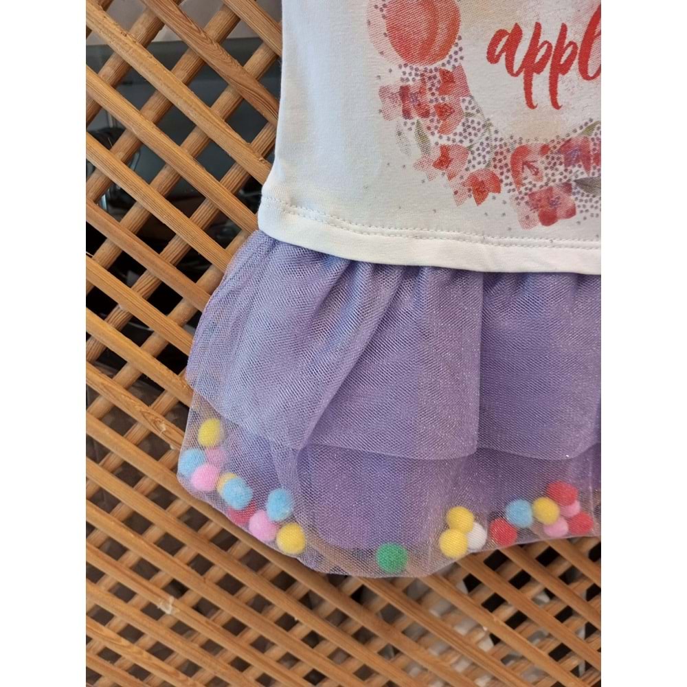 6144 ÇOCUK TÜLLÜ ETEKLERİ PONPONLU ELBİSE