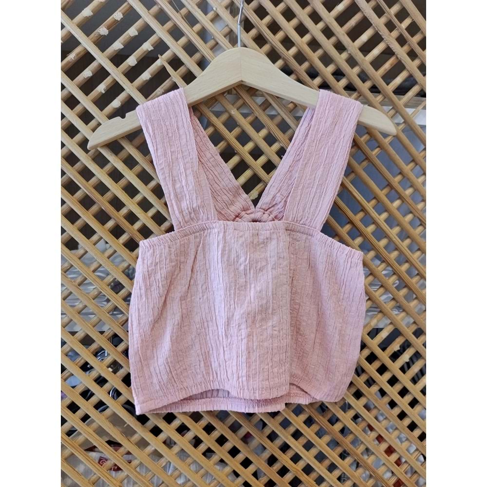 30805 ÇOCUK V YAKA KALIN ASKILI BELİ LASTİKLİ CROP BLUZ