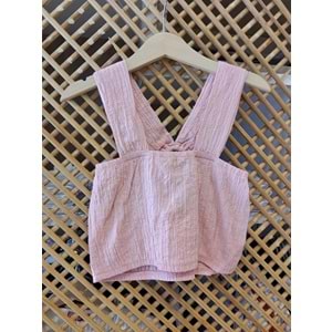 30805 ÇOCUK V YAKA KALIN ASKILI BELİ LASTİKLİ CROP BLUZ