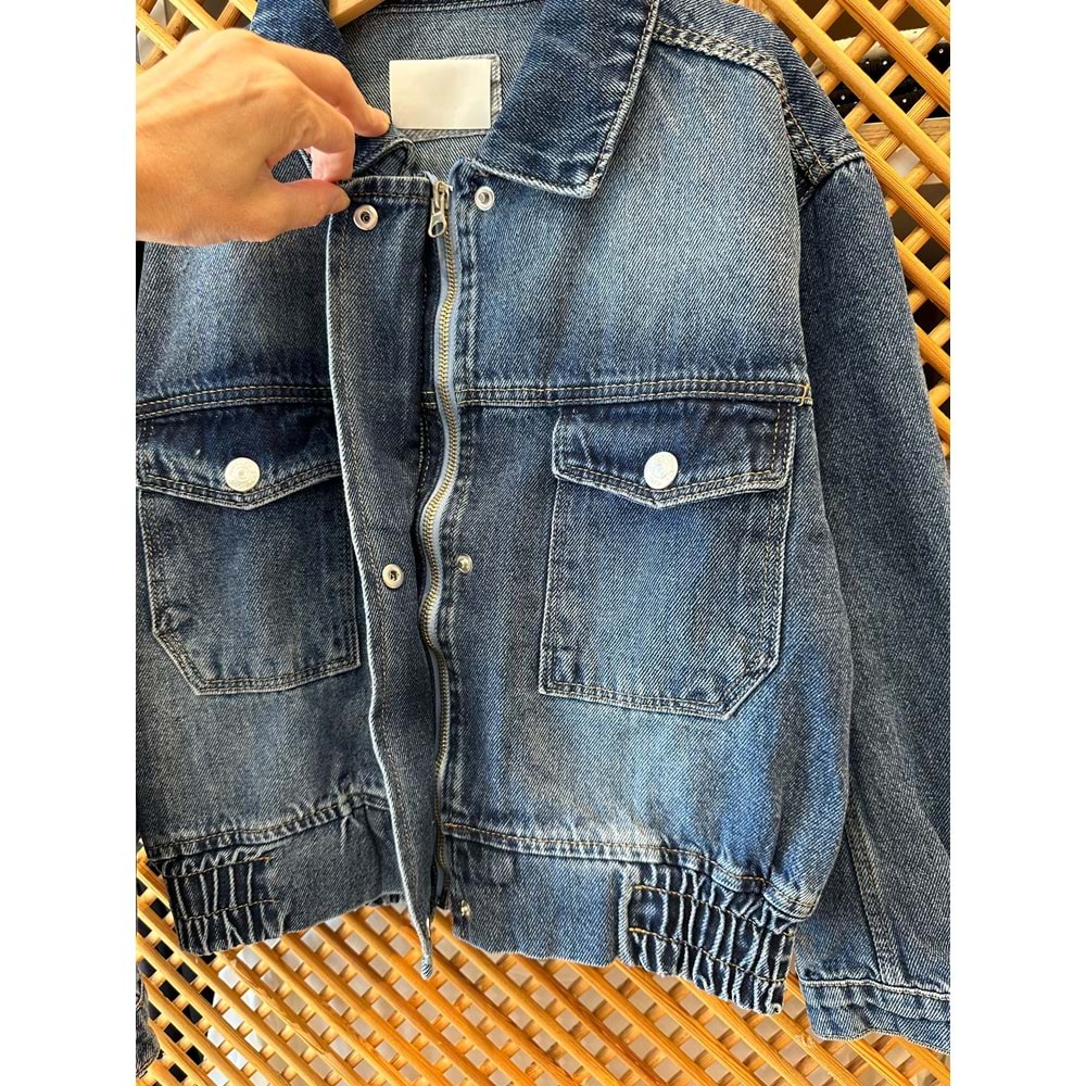 25180 ÇOCUK BELİ LASTİK DETAYLI KAPAKLI FERMUARLI KOT CEKET - PD KIDS