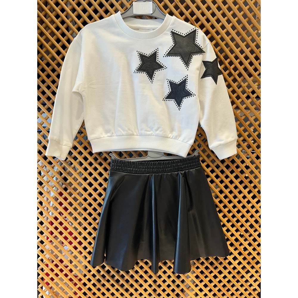 477 ÇOCUK YILDIZ APLİKE SWEAT İÇİ TAYTLI DERİ ETEK TAKIM