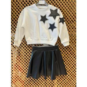 477 ÇOCUK YILDIZ APLİKE SWEAT İÇİ TAYTLI DERİ ETEK TAKIM