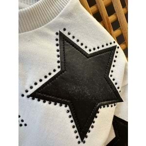 477 ÇOCUK YILDIZ APLİKE SWEAT İÇİ TAYTLI DERİ ETEK TAKIM