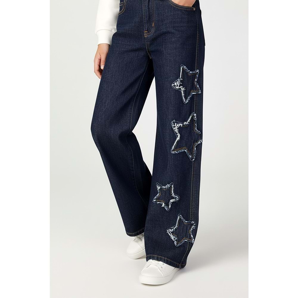 9780 ÇOCUK YILDIZLI YÜKSEK BEL BOL PAÇA KOT PANTOLON