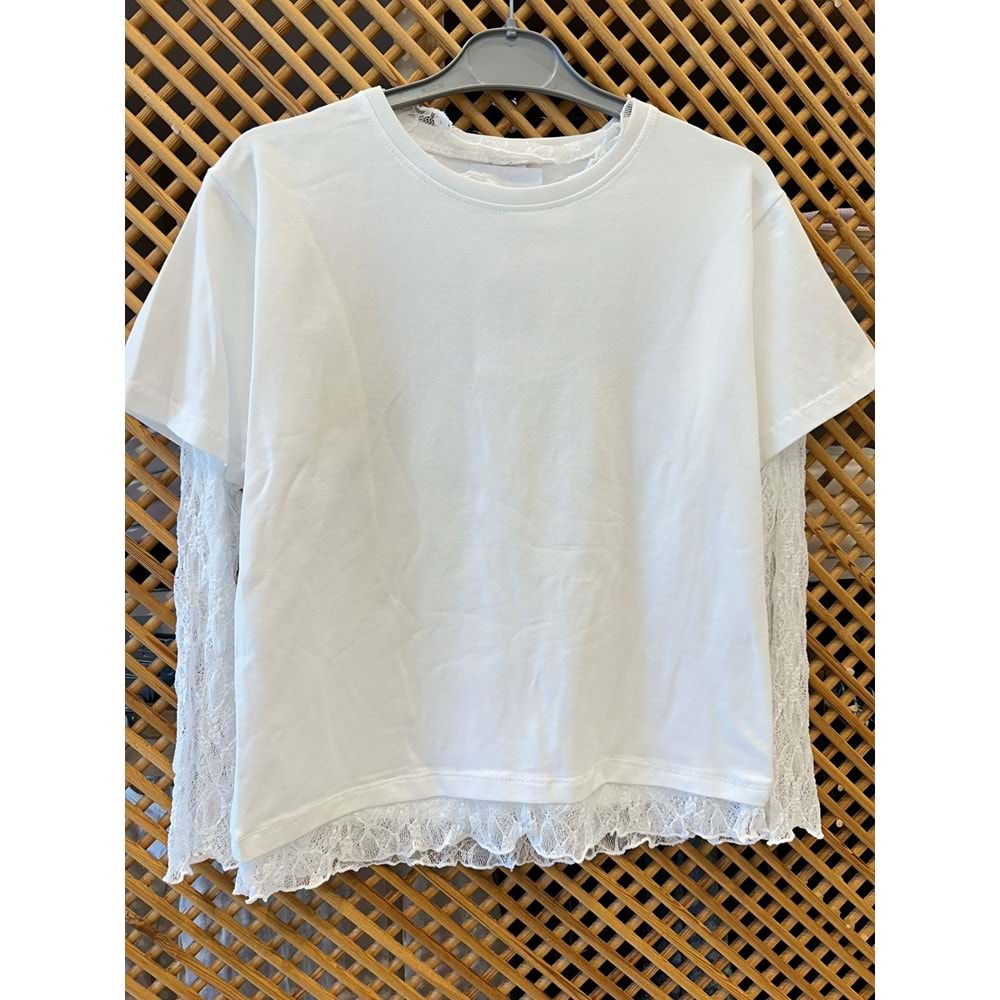 0749 ÇOCUK KOL YAKA VE ETEK UCU DANTEL TİŞÖRT