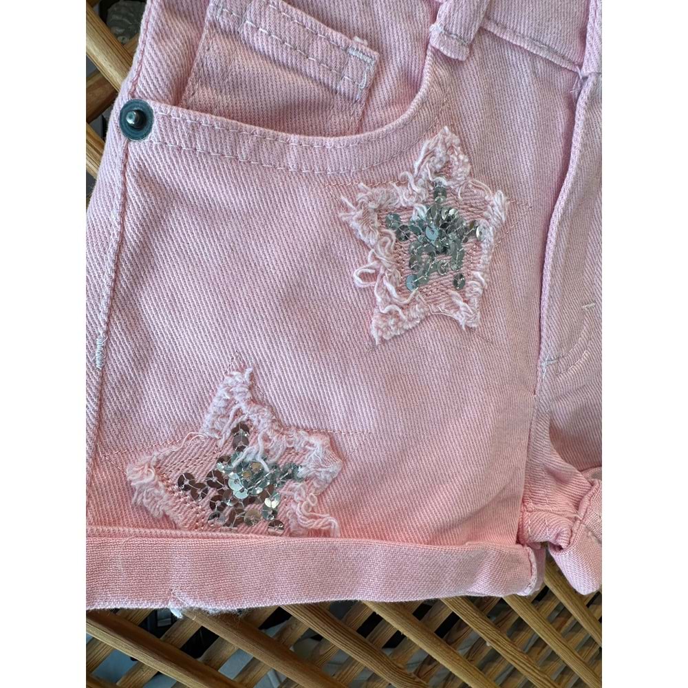 0686 ÇOCUK PULLU YILDIZ DETAYLI PUDRA RENGİ KOT ŞORT