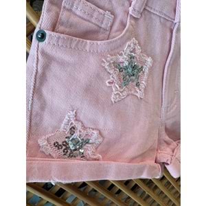 0686 ÇOCUK PULLU YILDIZ DETAYLI PUDRA RENGİ KOT ŞORT